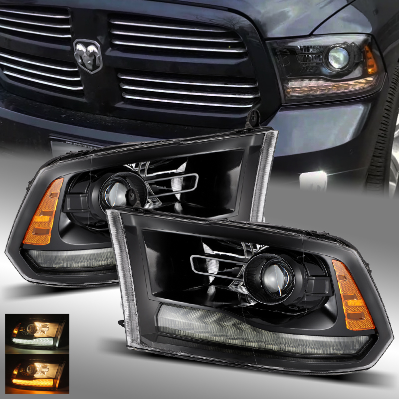 For 09-18 Ram 1500/2500/3500 Full Glossy Black + Smoke DRL Projector Headlights