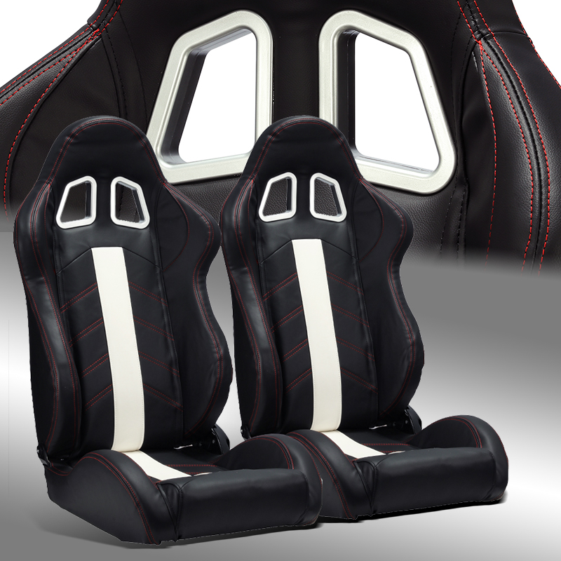 2 x Reclinable Black PVC Leather/Red Stitching Left/Right Racing Bucket Seats